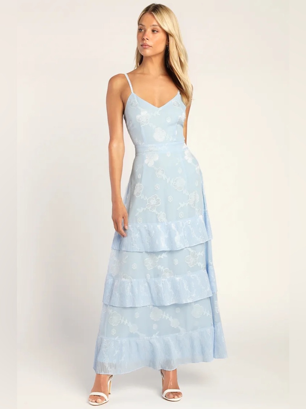NWT Light Blue Floral Print Jacquard Tiered Maxi Dress